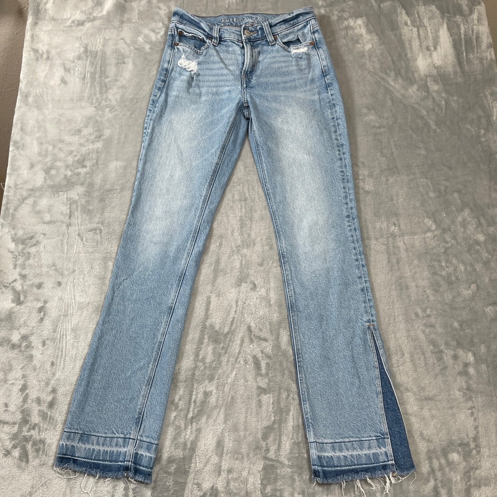 American Eagle Jeans 0R 90s Low Rise Skinny Kick Light Distressed Side Slit - Picture 1 of 7